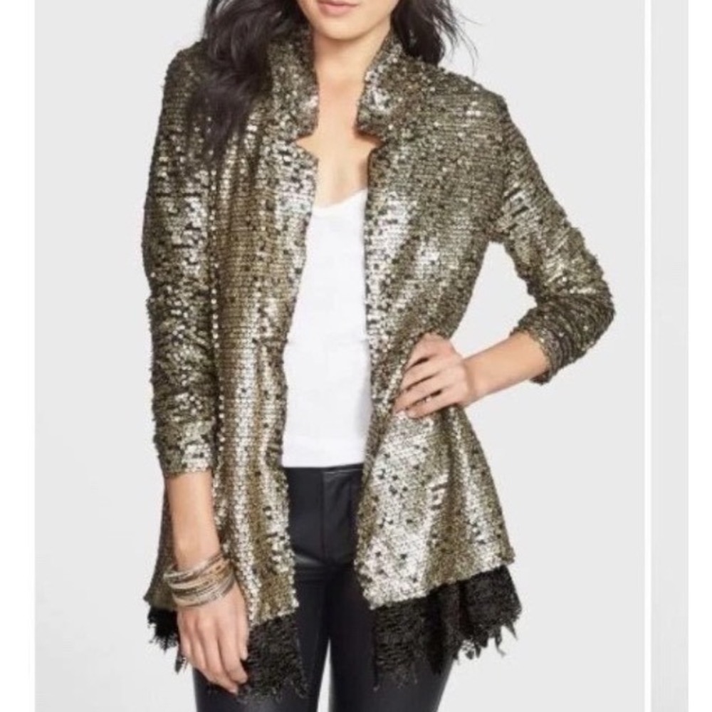 Free People Metallic Gold Sequin Open-Front Blazer